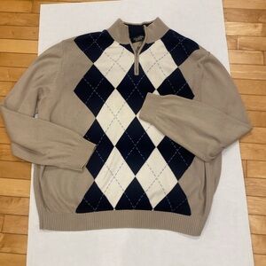 BROOKS BROTHERS long sleeved Tan/Navy Argyle Pattern Men’s Sweater size XX-Large